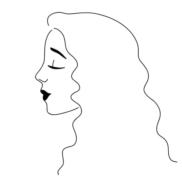 Desenho de linha, retrato elegante de uma jovem mulher com cabelos longos encaracolados e olhos fechados. Logo para produtos de beleza, salão de beleza. Avatar atraente. Retrato de perfil — Vetor de Stock