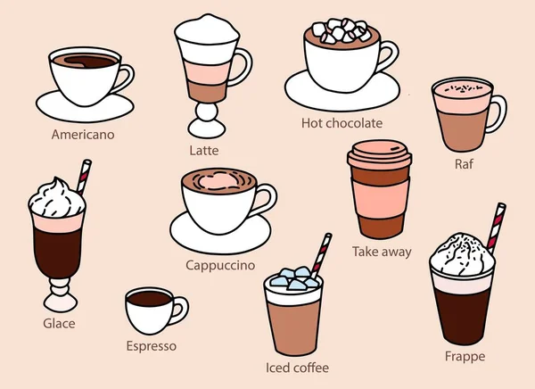 Set of different types coffee. Menu for cafe. Simple drawing . — Vetor de Stock