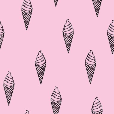Seamless pattern. Linear ice cream in an elegant waffle cone. Summer menu. Minimal design