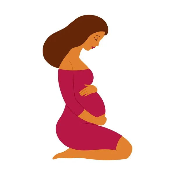 Sedící těhotná žena, profilový portrét. Plochý. Roztomilá žena drží ruce na břiše. Čekání na dítě — Stockový vektor