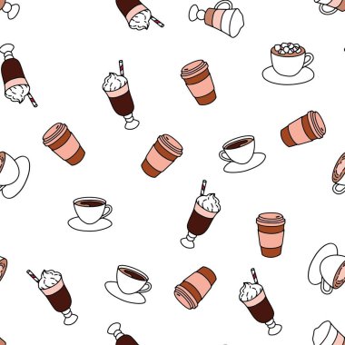 Seamless pattern with different hot drinks, print for bakery shop products. Doodle style. White background.