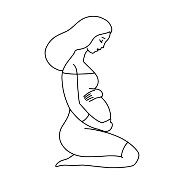 Mulher grávida sentada, retrato de perfil. Desenho de linha. A mulher gira mantém as mãos na barriga. À espera de uma criança — Vetor de Stock