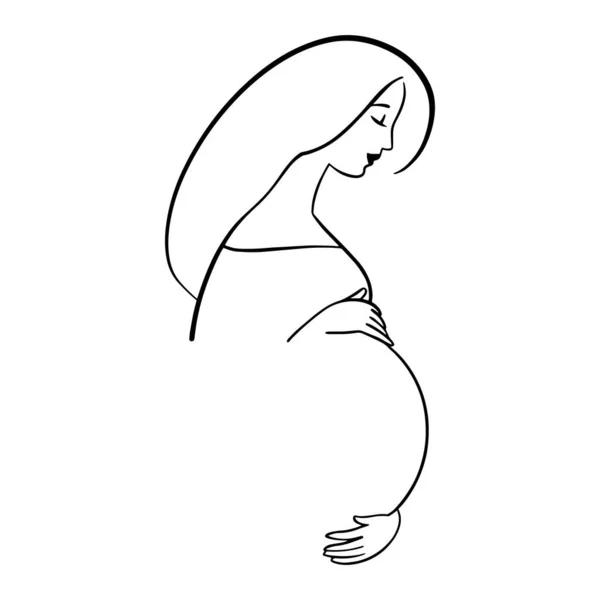 Donna incinta disegnata a mano, ritratto del profilo con le mani sulla pancia. Elegante logo — Vettoriale Stock