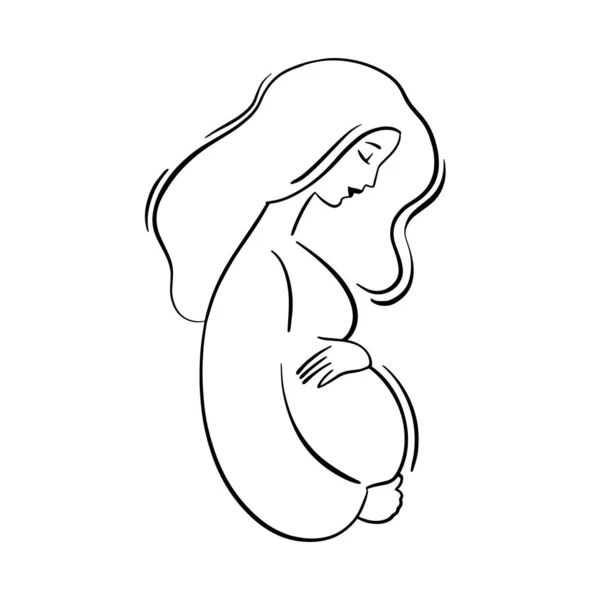 Femme enceinte dessinée à la main, portrait profil avec les mains sur le ventre. Harmonie d'être mère — Image vectorielle