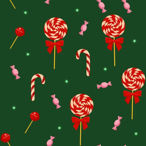 Patrón sin costuras con varios caramelos. Dulces de Navidad. Estilo de dibujos animados. Fondo verde Gráficos vectoriales