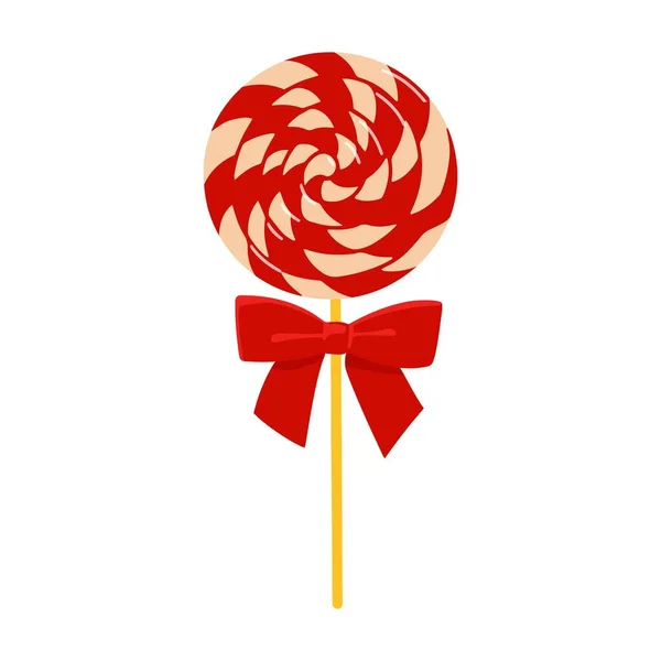 Striped lollipop with bow. Christmas sweets. Cartoon style. — Stock Vector