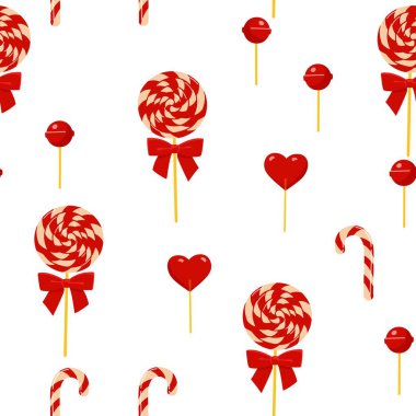 Kırmızı lolipoplu kusursuz desen. Noel tatlıları. Çizgi film tarzı. Fiyonklu çizgili şeker. 