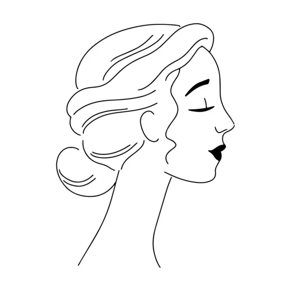 Potret profil retro tangan seorang wanita muda. Elegan kepala gaya Yunani. Sketsa minimal. - Stok Vektor