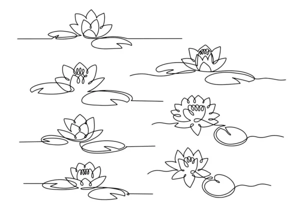 Ligne art nénuphar. Ensemble de lotus minimal avec des feuilles. — Image vectorielle