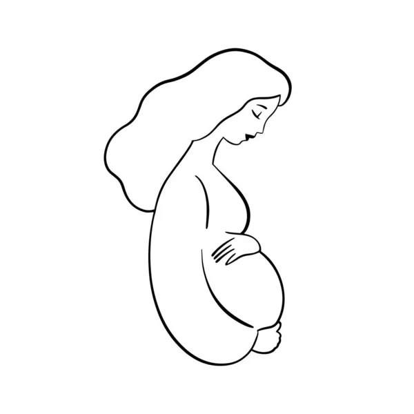 Handgetekende zwangere vrouw met krullend haar, profielportret met handen op de buik. Elegant logo — Stockvector