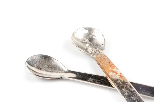 Damaged Oxidation Metal Laboratory Spoon Spatula Isolated White Background Metal — Stock Photo, Image