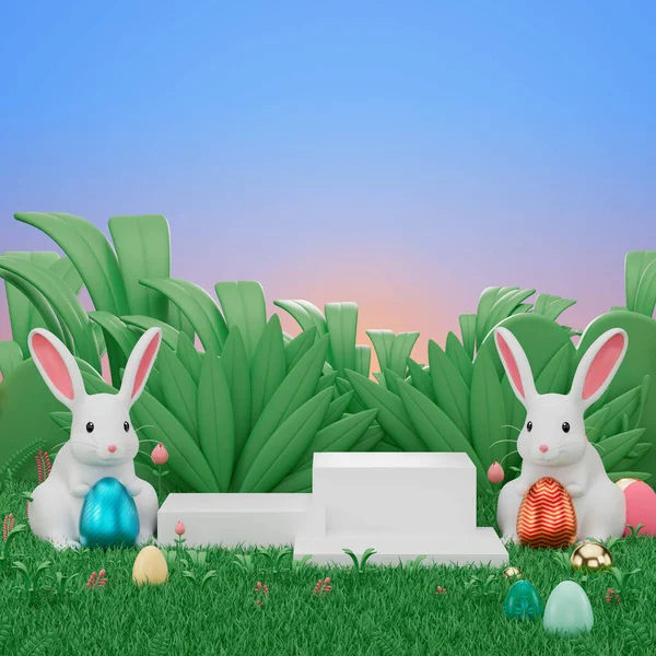 展示台产品的3D渲染 用复活节兔子和蛋装饰 — 图库照片