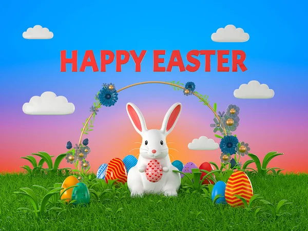 三维渲染图像 在草场上抱着复活节彩蛋的复活节兔子 — 图库照片