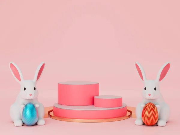 带复活节兔子的3D渲染展台 — 图库照片
