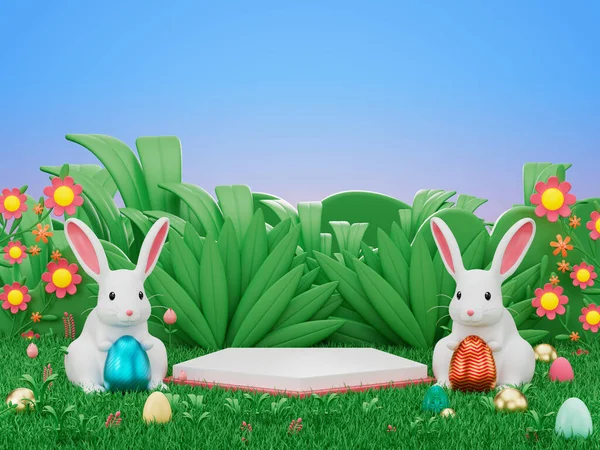 Визуализация Продукта Дисплея Подиума Украсить Пасхальный Кролик Яйцо — стоковое фото
