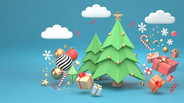 Noel tatili için Noel ağacı tasarımının 3 boyutlu görüntüsü. Geometrik şekil ve hediye kutusuyla süslenmiş..