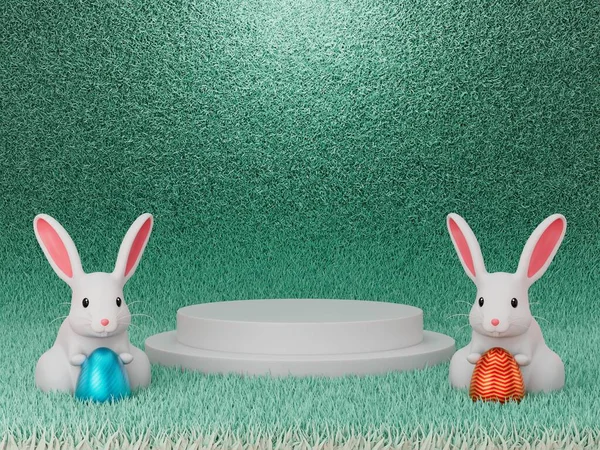 展示台产品的3D渲染 用复活节兔子和蛋装饰 — 图库照片