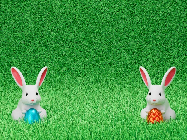 三维渲染图像 在草场上抱着复活节彩蛋的复活节兔子 — 图库照片