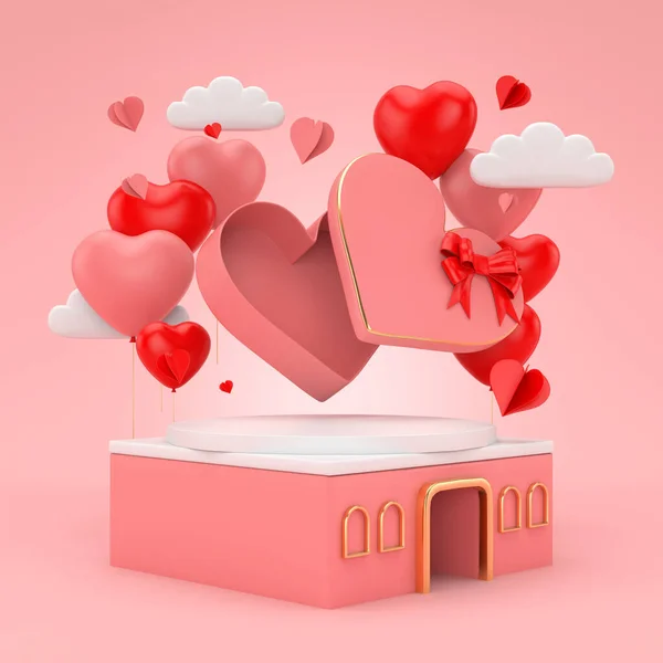 3D render Heart Sevgililer Günü için pembe romantizm arka planında yüzüyor.