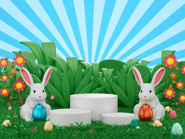 Визуализация Продукта Дисплея Подиума Украсить Пасхальный Кролик Яйцо — стоковое фото