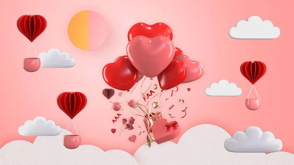 Render Ballong Flyter Med Alla Hjärtans Gåva Box Prydnader Stockbild