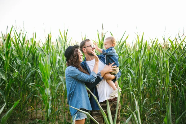 Joven padre hipster madre sosteniendo lindo bebé en campo de maíz —  Fotos de Stock