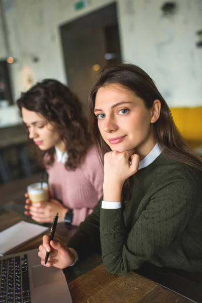 Young pretty females working with notes and laptop in cafe — Stock Photo, Image