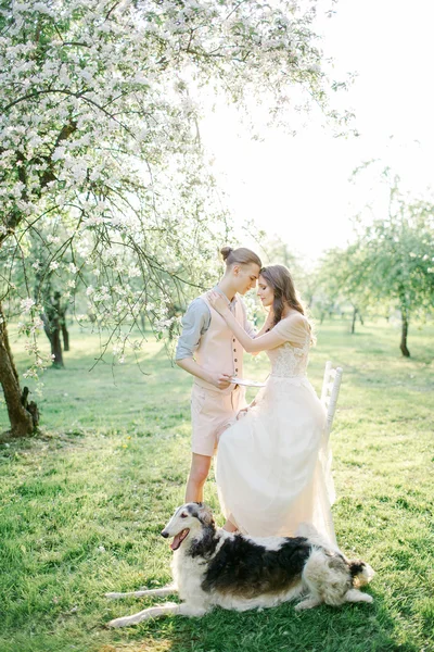 Jóvenes recién casados pareja con galgo en el parque —  Fotos de Stock