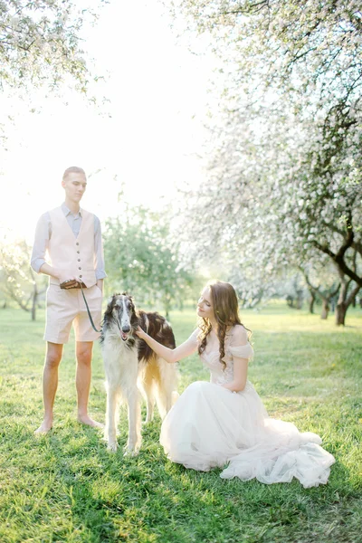 Bella giovane coppia in abito da sposa con levrieri nel parco — Foto Stock