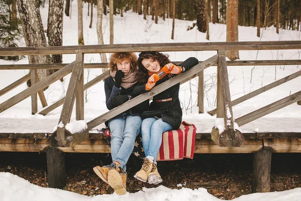 Casal tocando harmónica juntos no parque de inverno sentado no floo — Fotografia de Stock