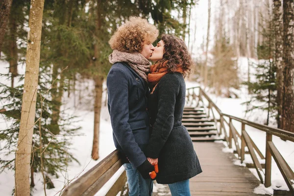 Hipster couple kissing on wooden stairs in winter park — Stock Photo, Image