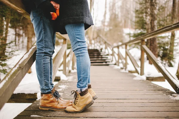 Пара хипстеров целуется на деревянной лестнице в зимнем парке — стоковое фото