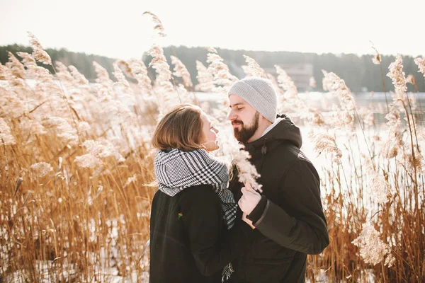 Feliz casal hipster abraçando perto do lago de inverno e juncos — Fotografia de Stock