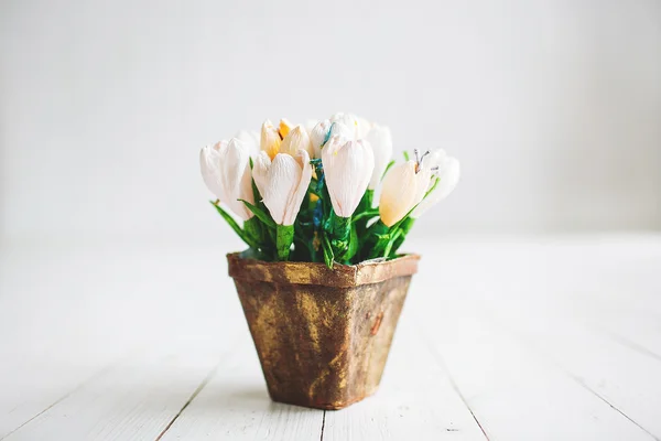 Schöne weiße Blumen im Topf auf Holzgrund — Stockfoto