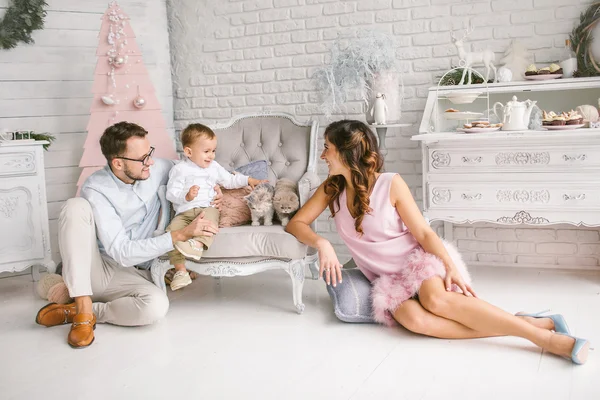 Young father and mother playing with son and cats — Stock Photo, Image