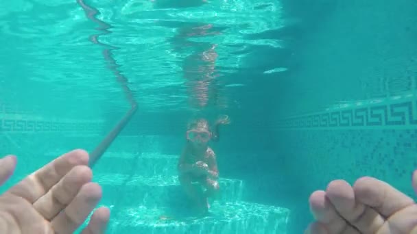 Fadern lär en fyraårig dotter att simma under vatten — Stockvideo