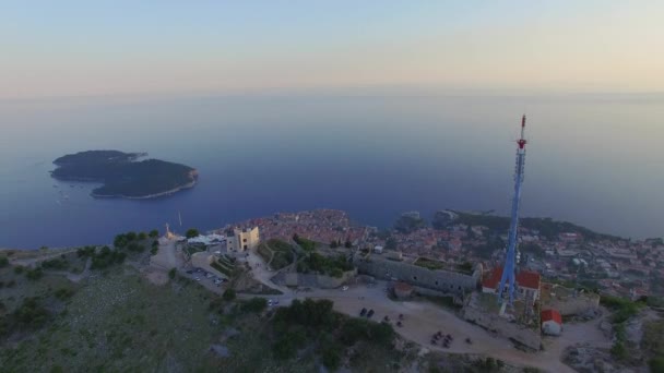 Aerial view of the top of the mountain above Dubrovnik at sunset. — Stock Video