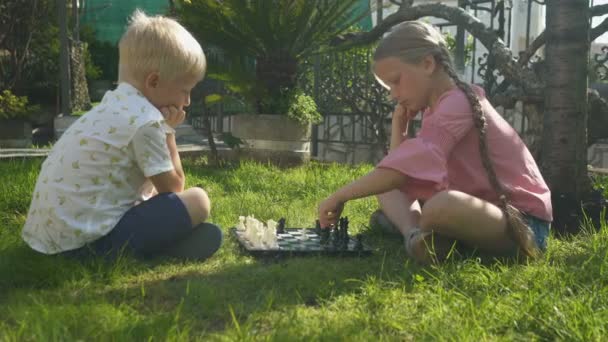Брат и сестра играют в шахматы на траве в саду — стоковое видео