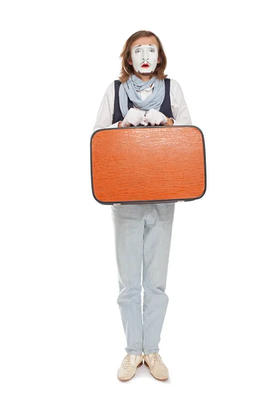 Mime actor with orange suitcase in anticipation — Stock Photo, Image