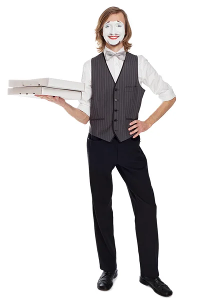 Artista del mimo che tiene scatole di pizza — Foto Stock