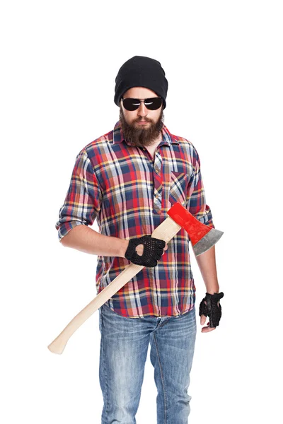 Young bearded lumberjack with ax — Stock Photo, Image
