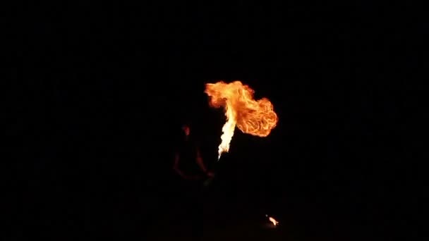 Fire show artist vändningar eld i mörkret — Stockvideo