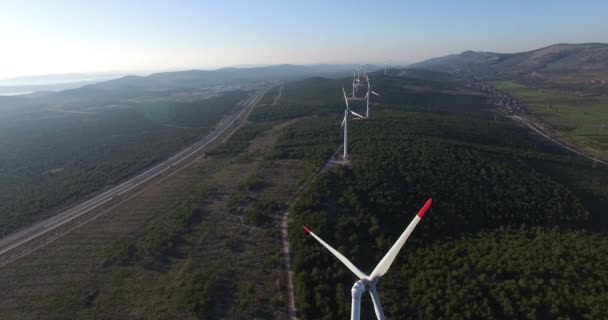 Aerial view of wind power generators — Stock Video