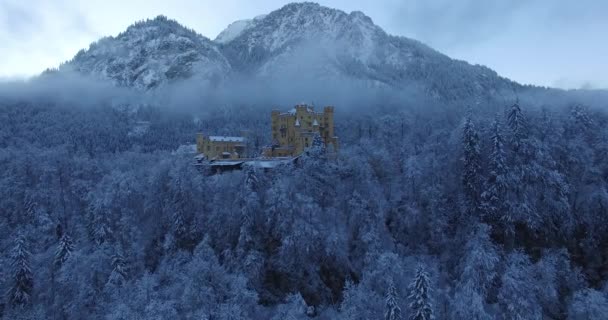 Vista aérea del castillo de Hohenschwangau al amanecer en el paisaje invernal . — Vídeos de Stock