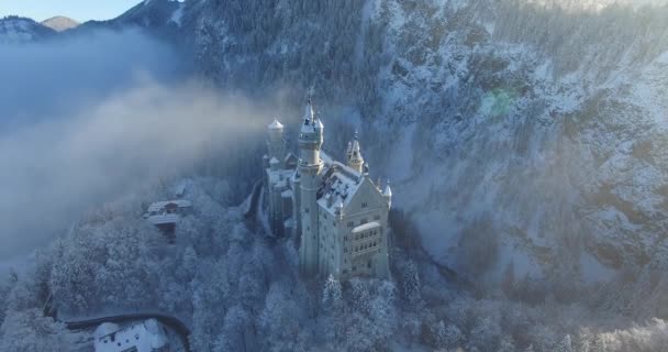 มุมมองทางอากาศของปราสาท Neuschwanstein ที่พระอาทิตย์ขึ้นในภูมิทัศน์ฤดูหนาว . — วีดีโอสต็อก