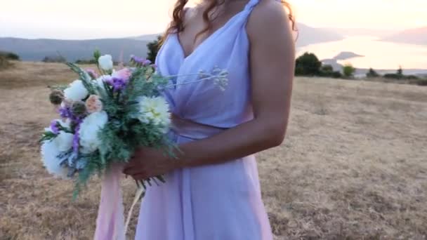 The bride and groom posing on the sunset — Stock Video