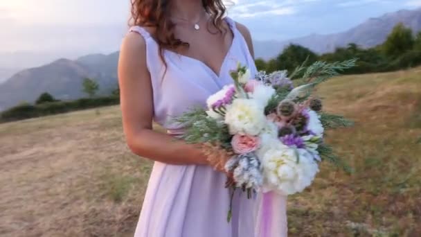 A menyasszony és a vőlegény pózol a naplemente — Stock videók
