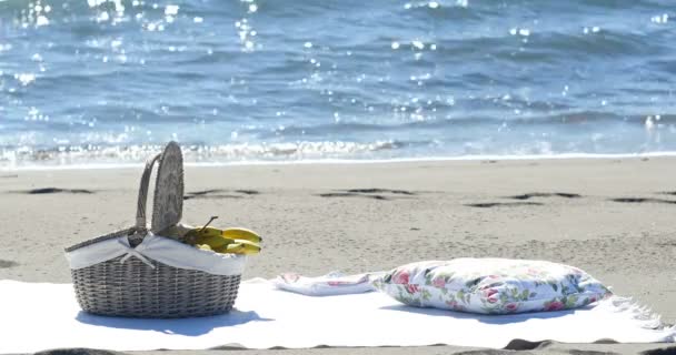 Корзина с фруктами и одеяло для пикника на песчаном пляже — стоковое видео