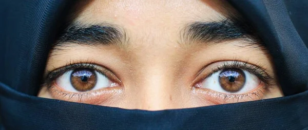 Closeup of beautiful woman face covered with hijab. Perfect shiny eyes of a Muslim girl. Young niqab girl portrait.