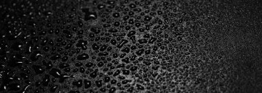Siyah arka planda su damlacıkları. Duvar kağıdı için küçük su damlalarının siyah arka planda yakın plan fotoğrafı. Boşluğu kopyala.